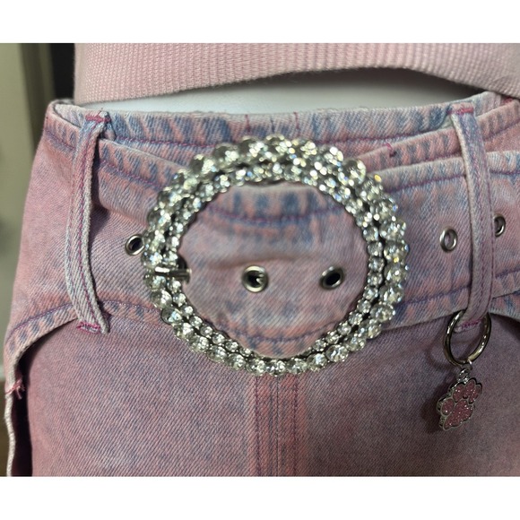 Y2K Pink Denim Mini Skirt Rhinestone Belt Paw Charm Distressed Size S - Picture 3 of 7